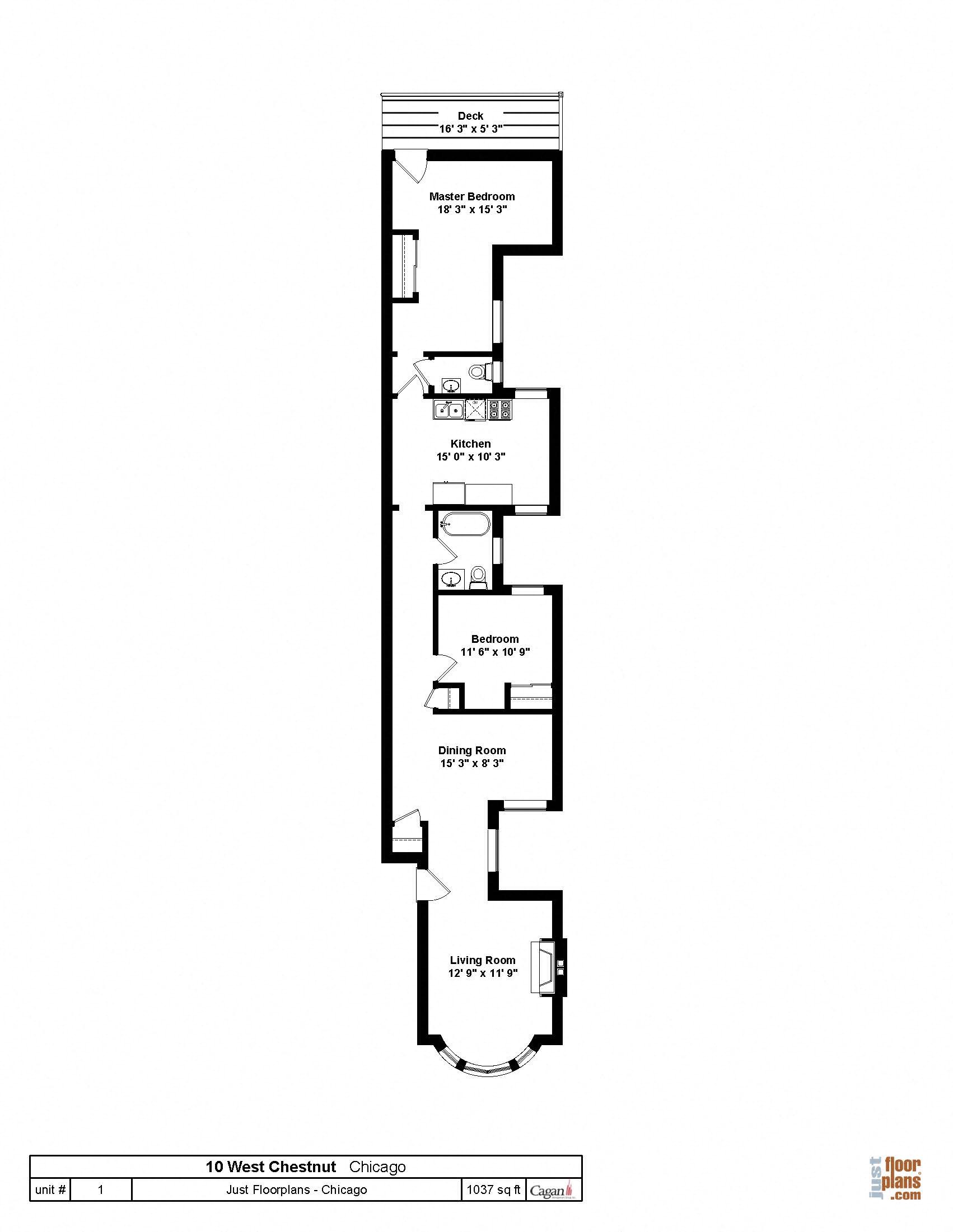 Floor plan for 2 beds, 1.5 baths, 1037 sqft